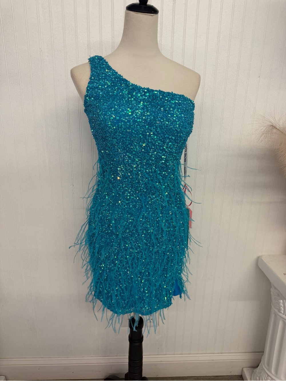 Rachel Allan Teal One-Shoulder Sequin & Feather Cocktail Dress